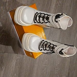Womens White Demonia Platform Boots with Front Laces , Side Zippers, and Straps